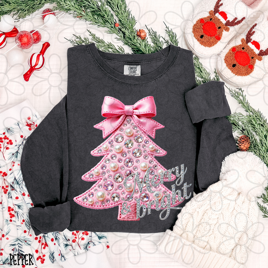 Merry & Bright Pink Sparkly Tree Bow Kids Completed Tee