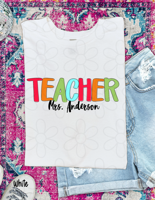Multicolor Teacher Custom Name DTF Transfer