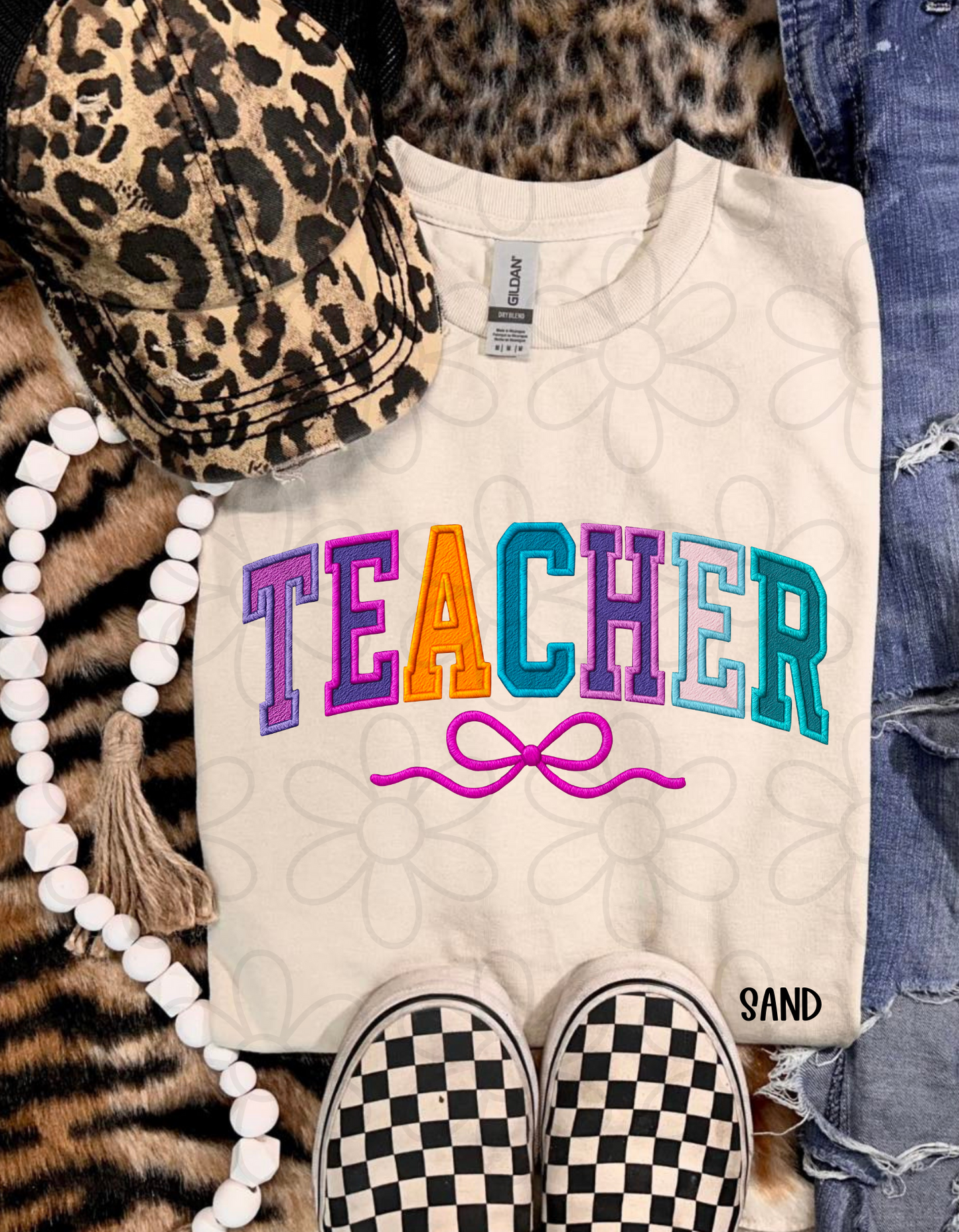 Multicolor Teacher Pink Bow Completed Tee