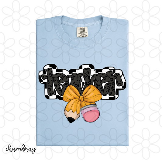 Checkered Leopard Teacher Pencil Bow DTF Transfer