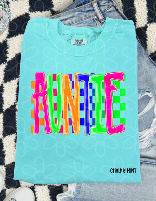 Neon Checkered Auntie Completed Tee
