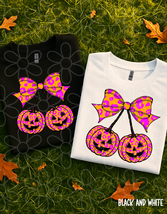 Neon Pink Leopard Pumpkins Bow Completed Tee