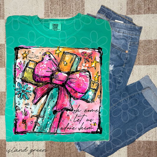Oh Come Let Us Adore Him Watercolor Cross Completed Tee