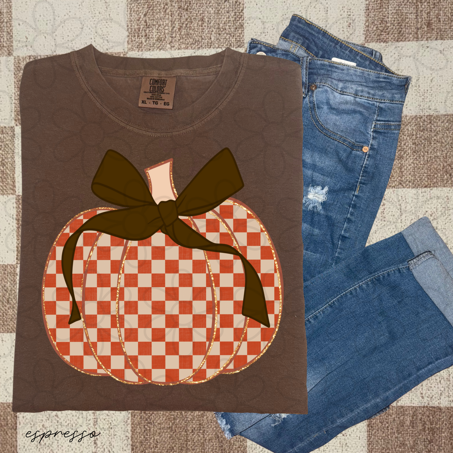 Orange Checkered Pumpkin Brown Bow Completed Tee