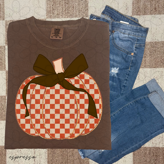 Orange Checkered Pumpkin Brown Bow Completed Tee