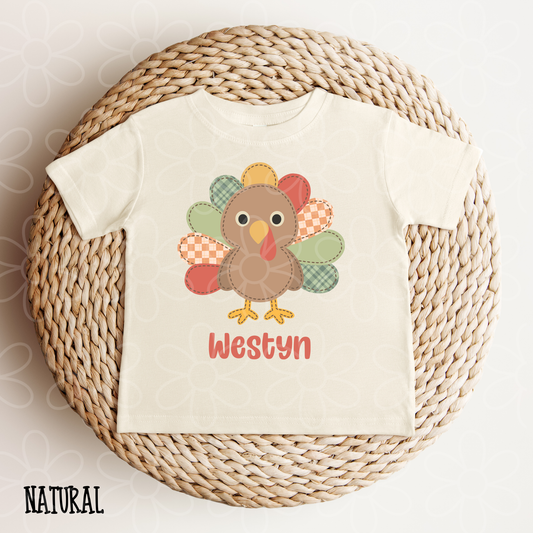 Orange Checkered Turkey Boys Custom Name Kids Completed Tee