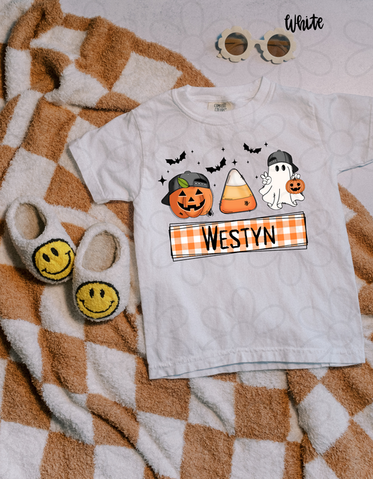 Orange Plaid Halloween Custom Name Completed Tee