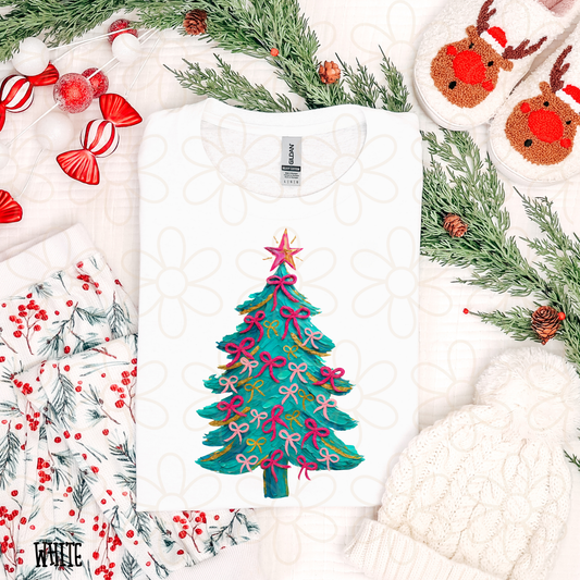 Painted Christmas Tree Pink Bows Completed Tee
