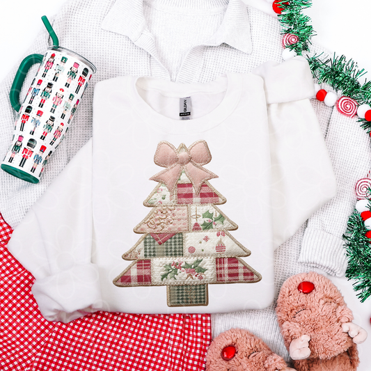 Patchwork Christmas Tree Pink Bow DTF Transfer