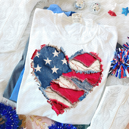 Patriotic Denim Patchwork Heart Completed Tee (