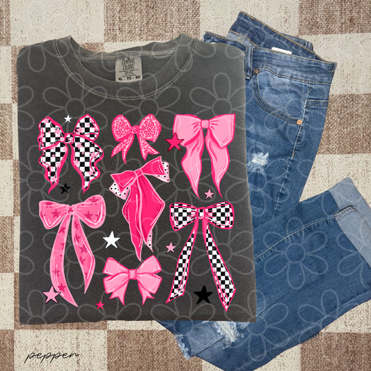 Pink Checkered Coquette Bows Kids Completed Tee