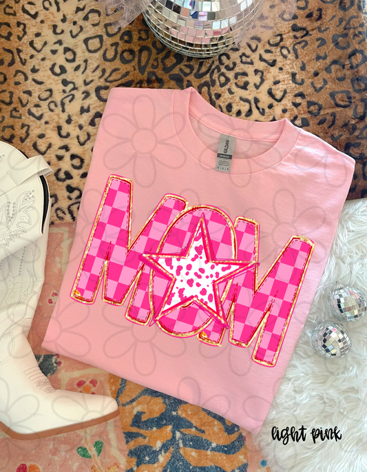 Pink Checkered Star Mom Completed Tee