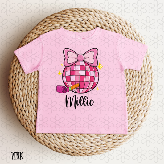 Pink Disco Ball Bow Custom Name DTF Transfer