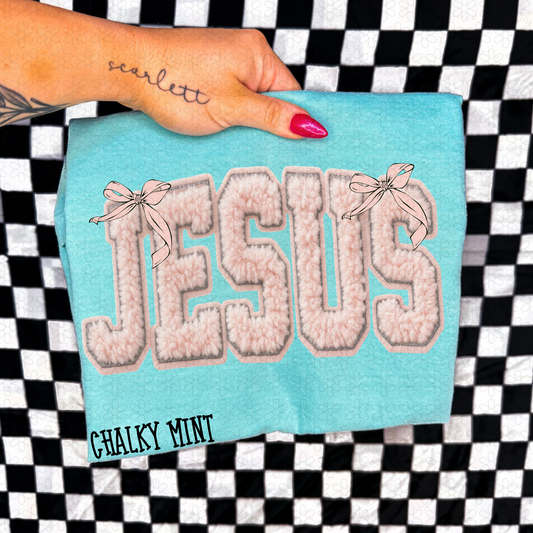 Pink Faux Fuzzy Jesus Bows Kids Completed Tee