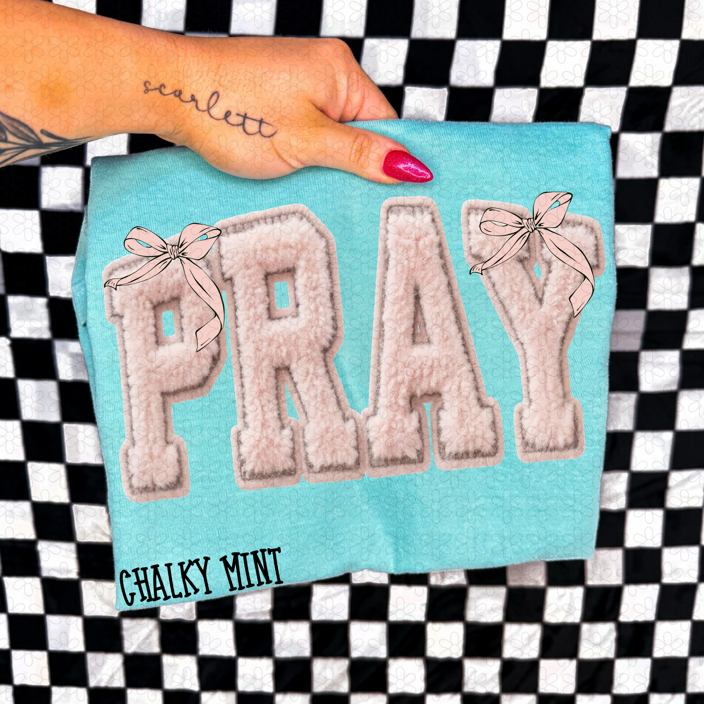 Pink Faux Fuzzy Pray Bows Completed Tee