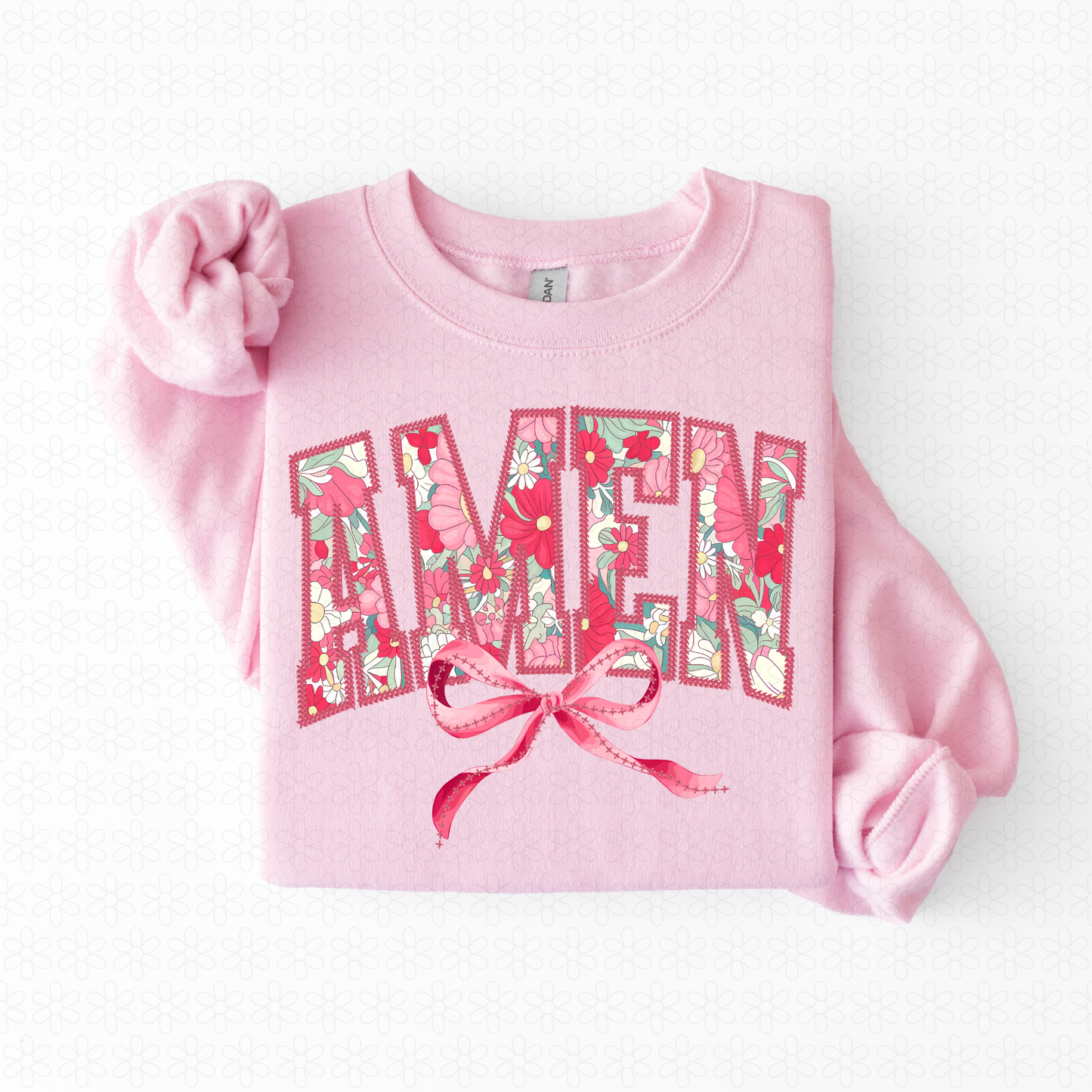 Pink Flowers Bow Amen Kids Completed Tee