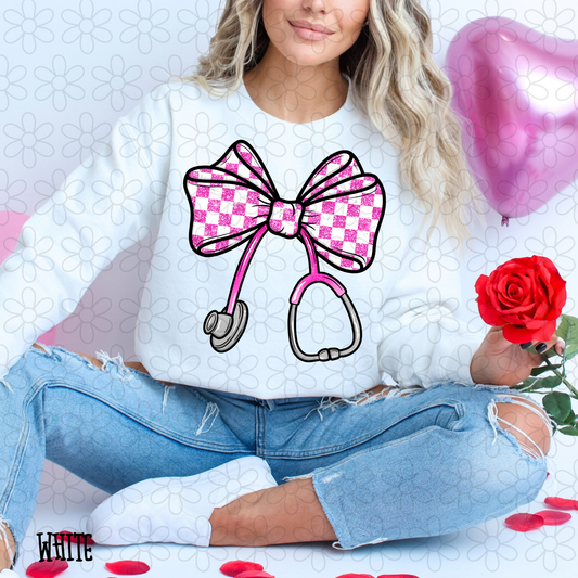 Pink Glitter Checkered Stethoscope Kids Completed Tee