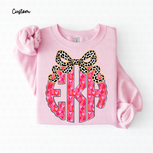 Pink Hearts Black White Bow Custom Monogram Completed Tee