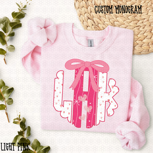 Pink Hearts Bows Valentines Custom Monogram Completed Tee