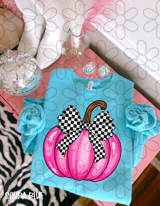 Pink Pumpkin Checkered Bow Kids Completed Tee