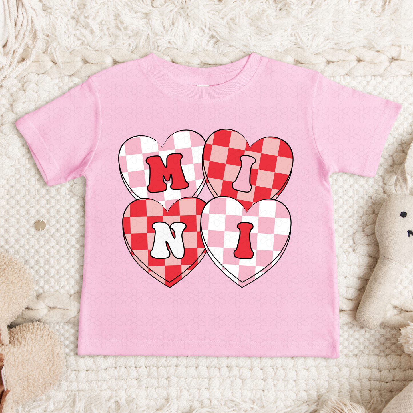 Pink Red Checkered Hearts Mini Kids Completed Tee
