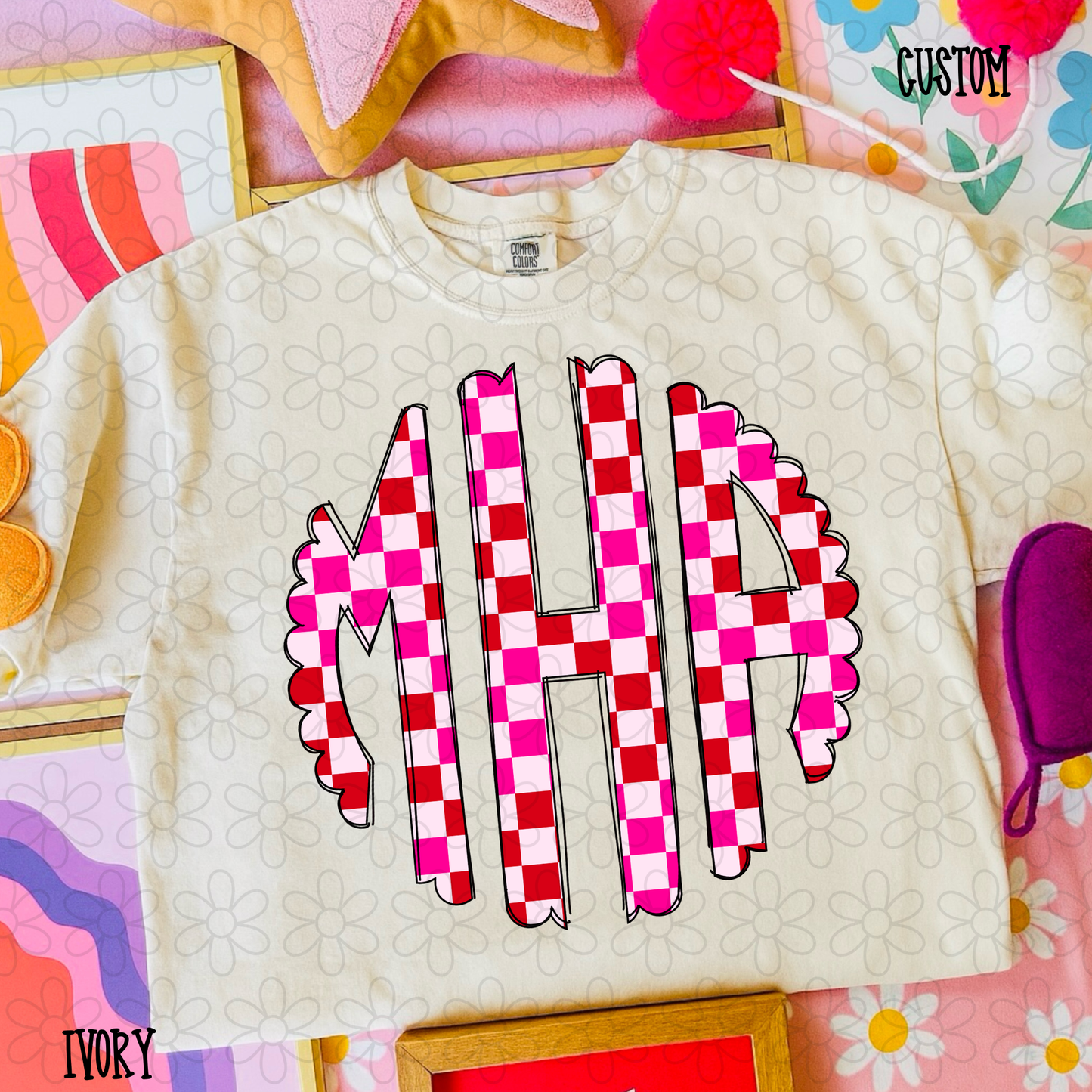 Pink Red Checkered Monogram DTF Transfer