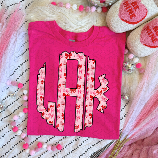 Pink Red Coquette Bows Hearts Custom Monogram Completed Tee