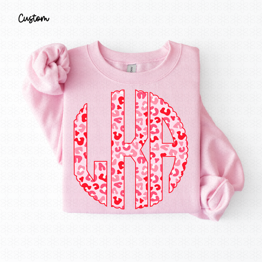 Pink Red Leopard Custom Monogram Kids Completed Tee