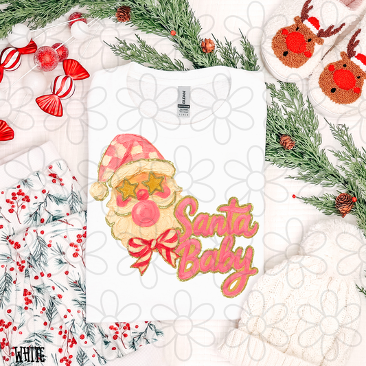 Pink Santa Baby Checkered Hat Kids Completed Tee