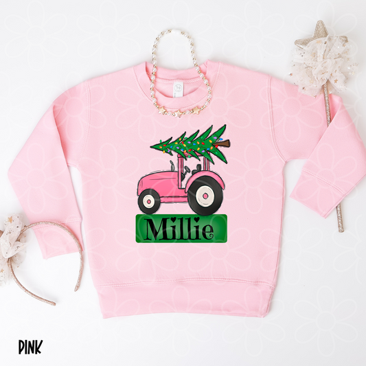 Pink Tractor Christmas Tree Custom Name DTF Transfer