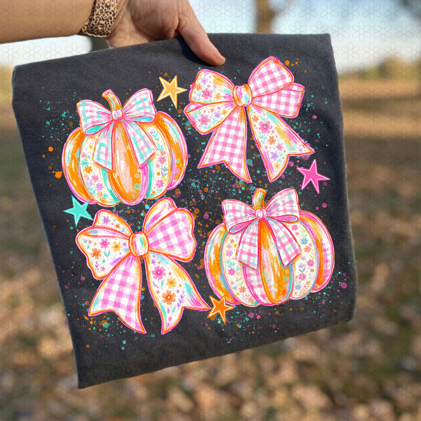 Pink Gingham Pumpkin bows Completed Tee