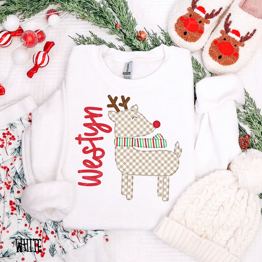 Plaid Rudolph Reindeer Custom Name Completed Tee