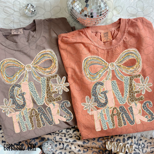 Preppy Give Thanks Sparkly Bow Completed Tee