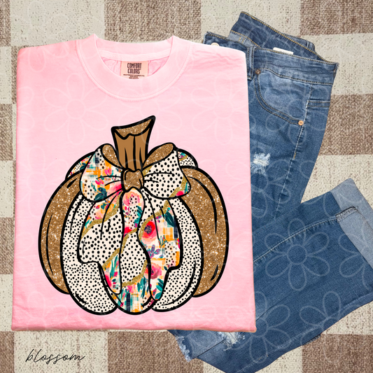 Pumpkin Speckle Watercolor Bow Completed Tee