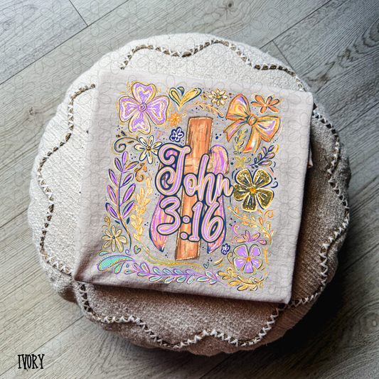 Purple Orange Cross Flowers John 3:16 Completed Tee