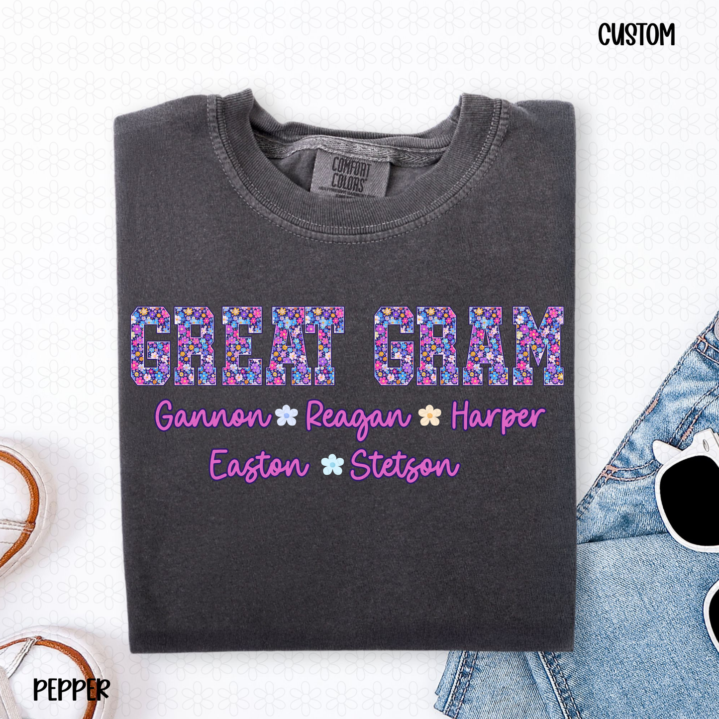 Purple Flower Custom Names Completed Tee
