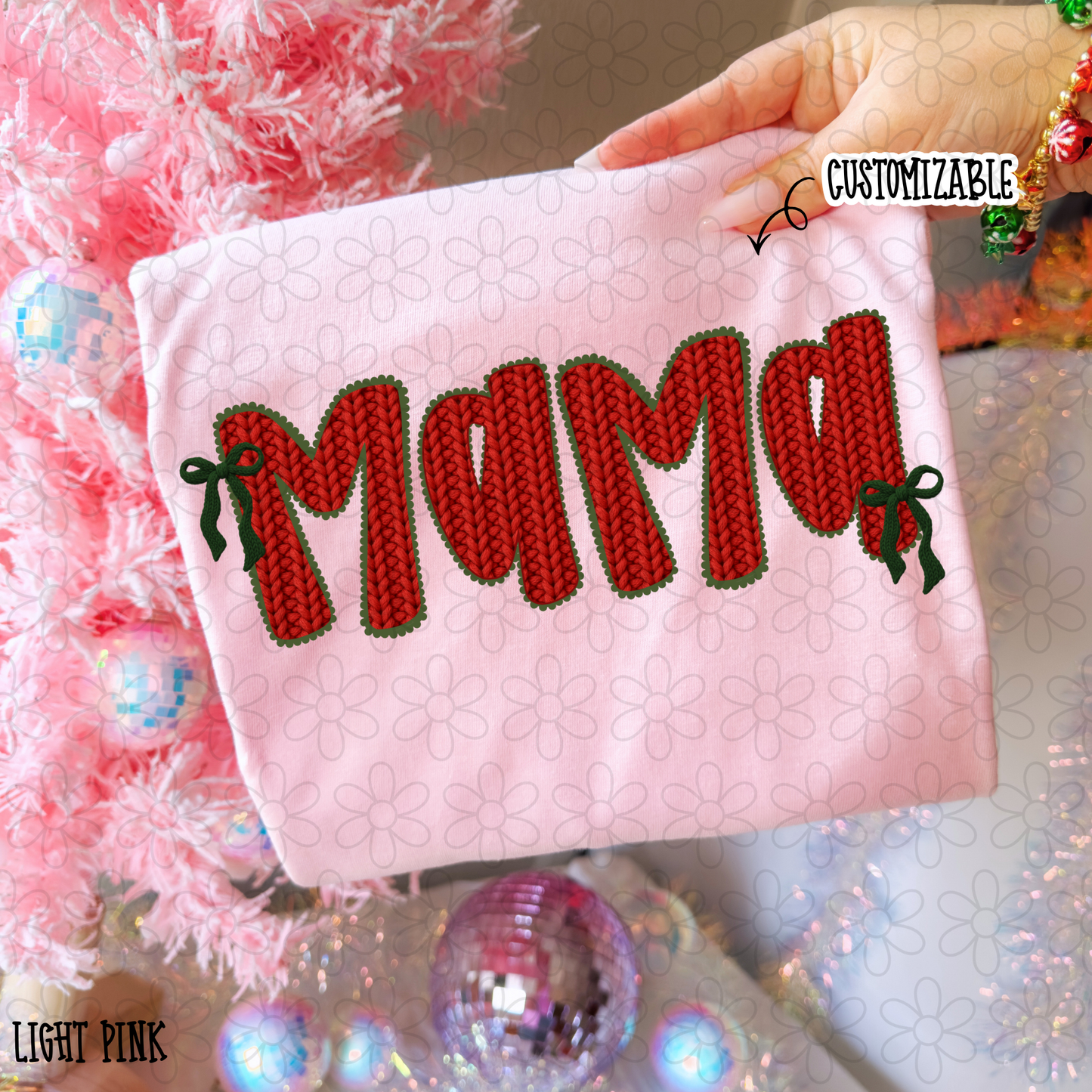 Red Faux Green Bows Custom Name Completed Tee