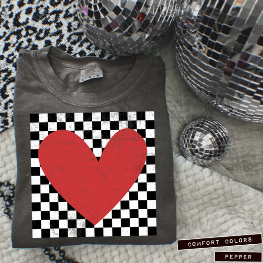 Red Heart Black White Checkered DTF Transfer
