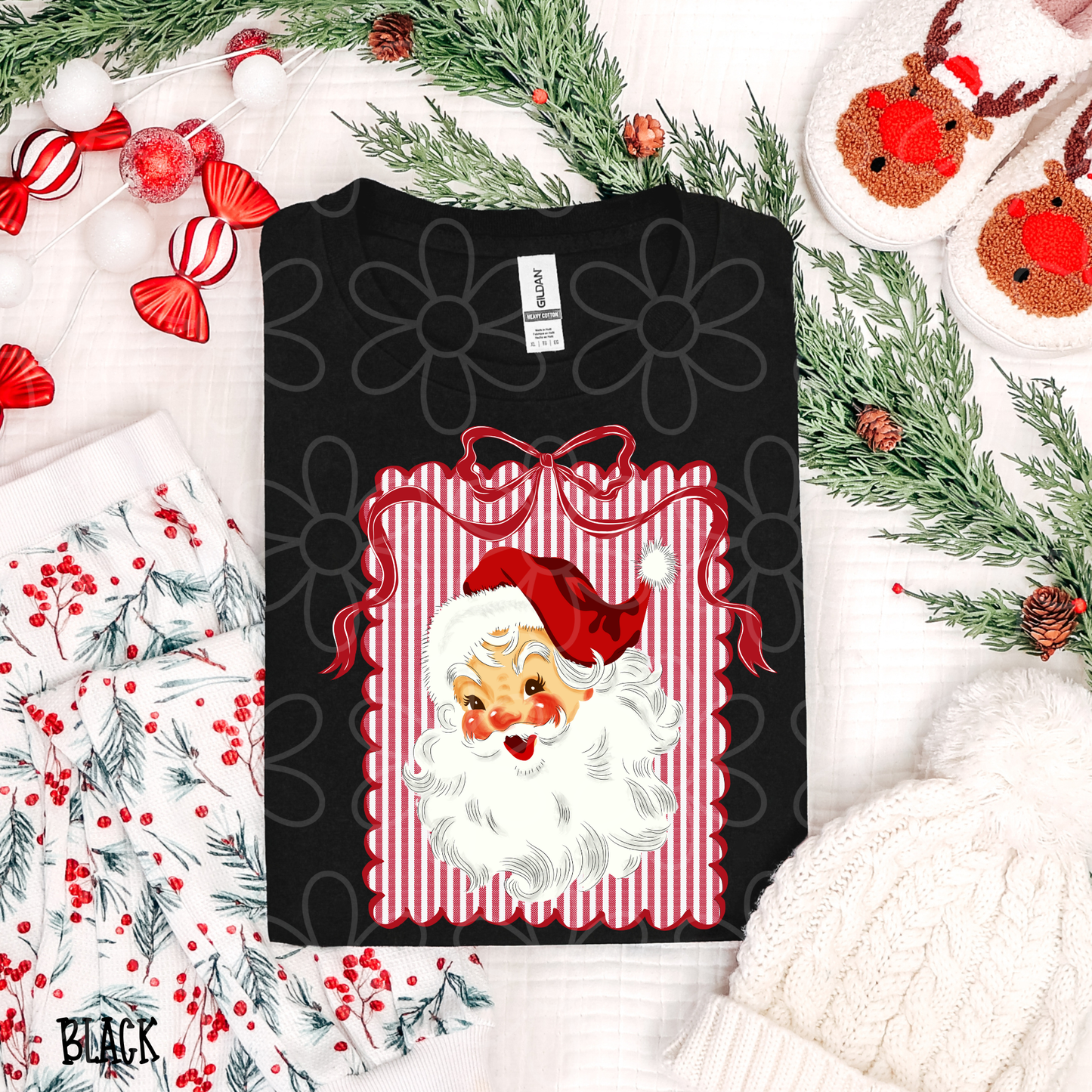 Red Stripes Vintage Santa Coquette Bow Kids Completed Tee