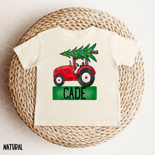 Red Tractor Christmas Tree Custom Name DTF Transfer