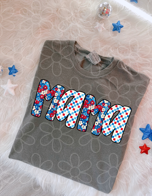 Red, White & Blue Floral Check Mama DTF Transfer