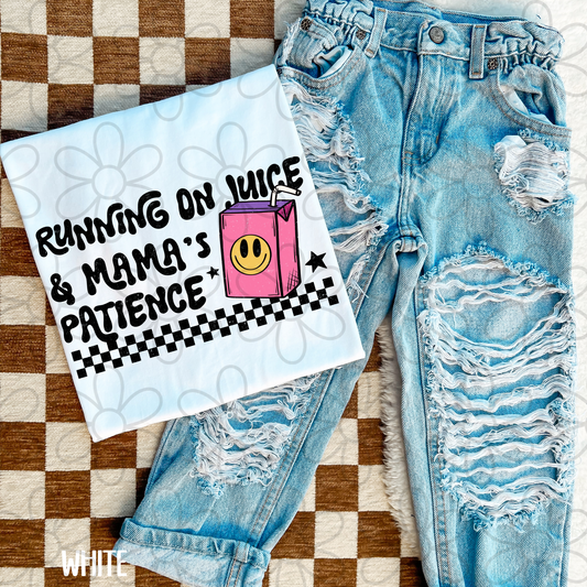 Running On Juice & Mama's Patience Pink Kids Completed Tee