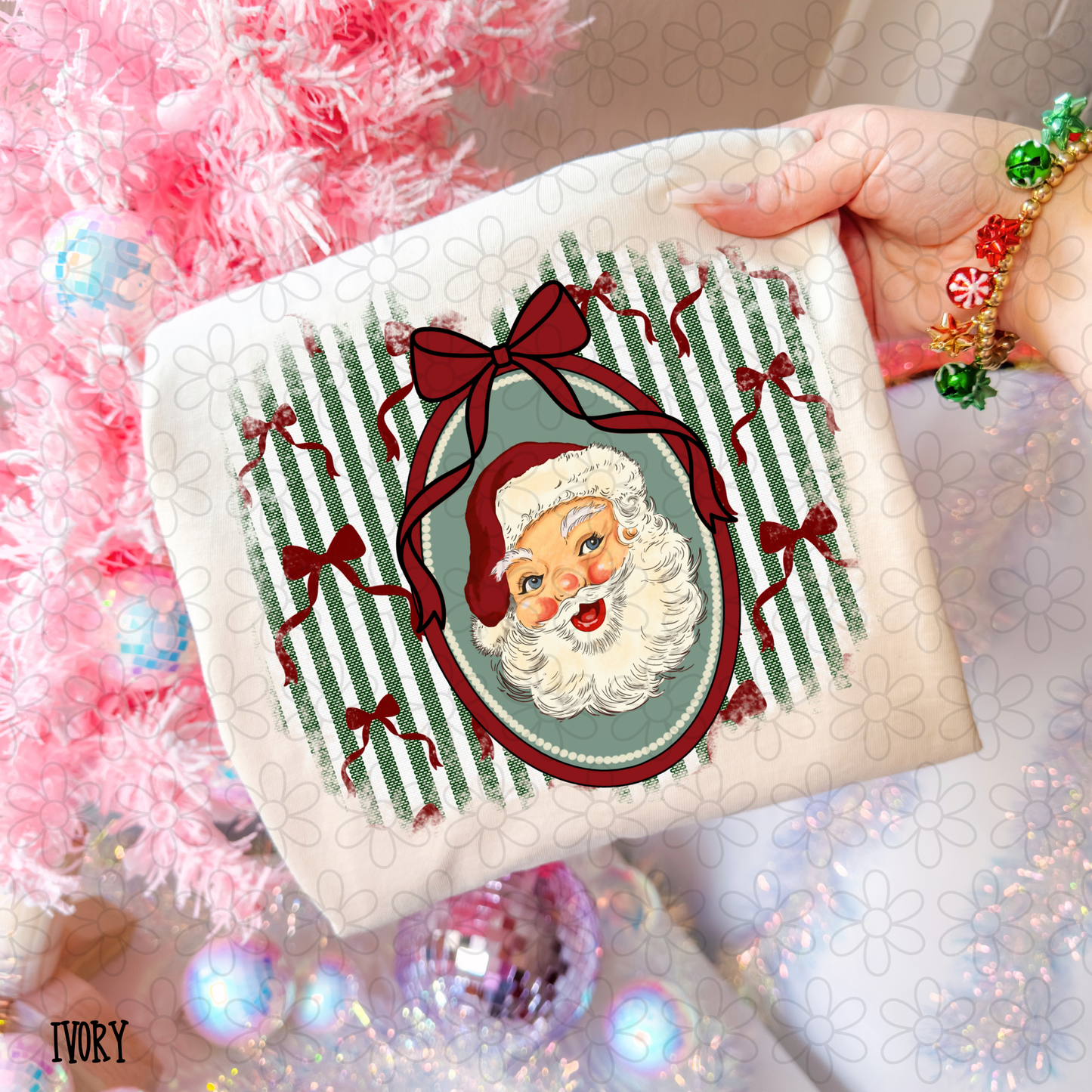 Santa Claus Stripes Red Bows Circle DTF Transfer