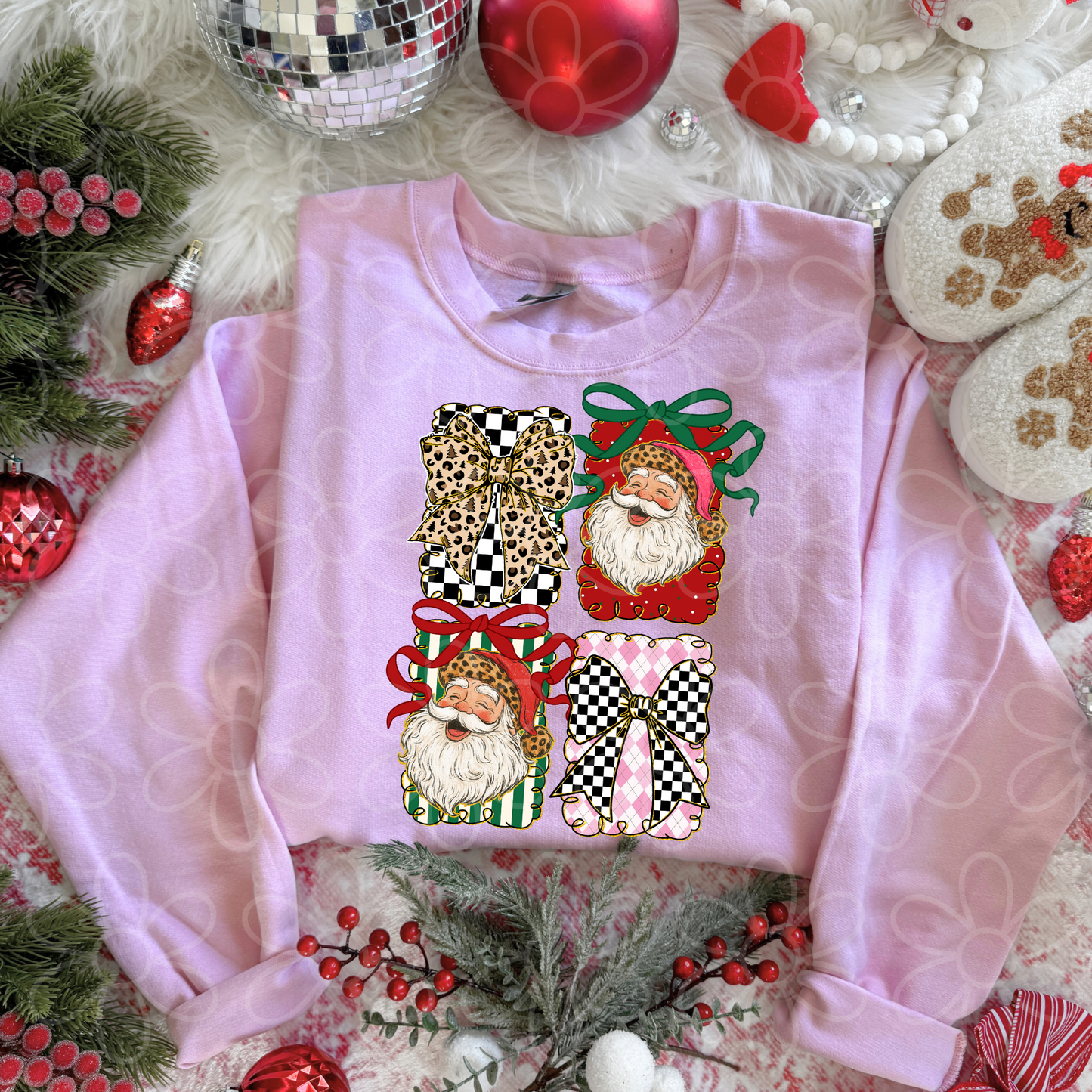 Santa Leopard & Checkered Bows Kids Completed Tee