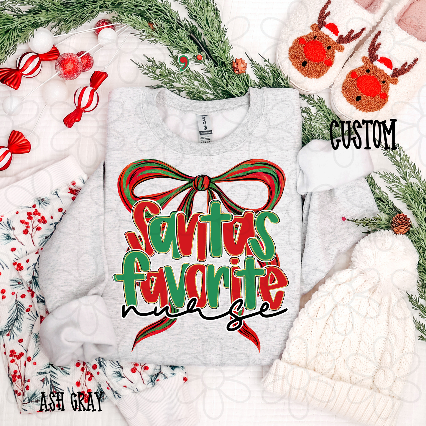 Santas Favorite Coquette Bow Custom Name Kids Completed Tee