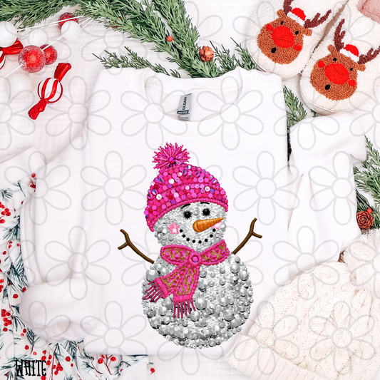 Sequin Snowman Pink Hat Kids Completed Tee