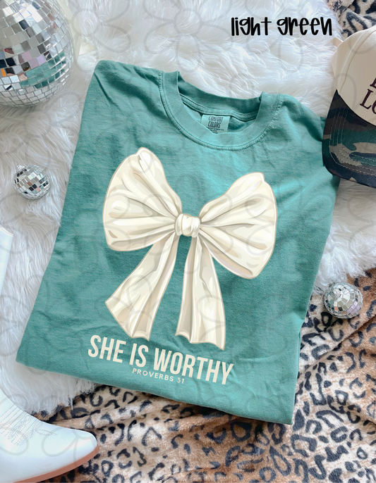 She Is Worthy White Coquette Bow DTF Transfer