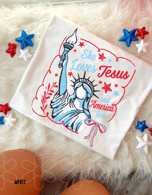 She Loves Jesus and America Too Kids Completed Tee