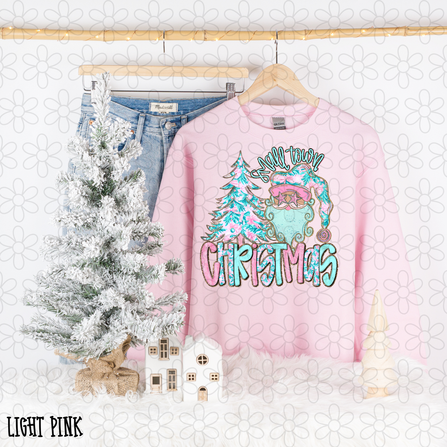 Small Town Christmas Pink Blue Completed Tee