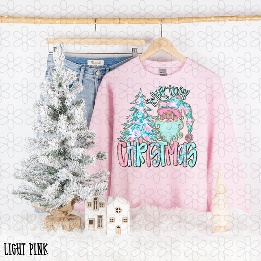 Small Town Christmas Pink Blue Completed Tee